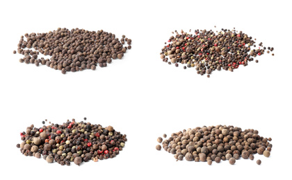 Image of Set of different peppercorns on white background