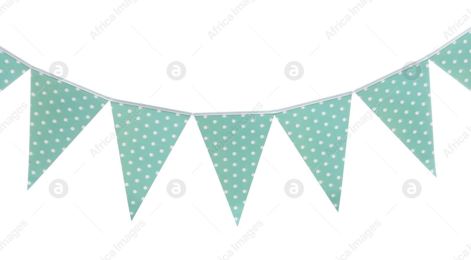 Photo of Triangular bunting flags on white background. Festive decor