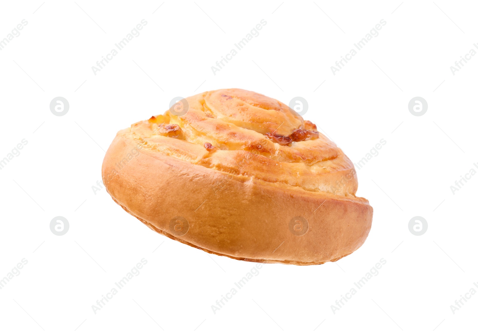 Photo of One delicious roll with raisins isolated on white. Sweet bun