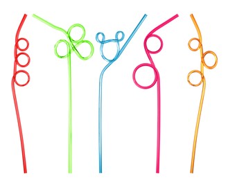 Image of Set with different straws for drinks on white background