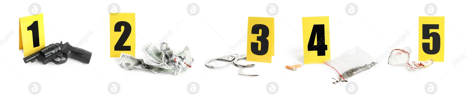 Image of Crime scene investigation. Set of evidence identification markers and clues on white background