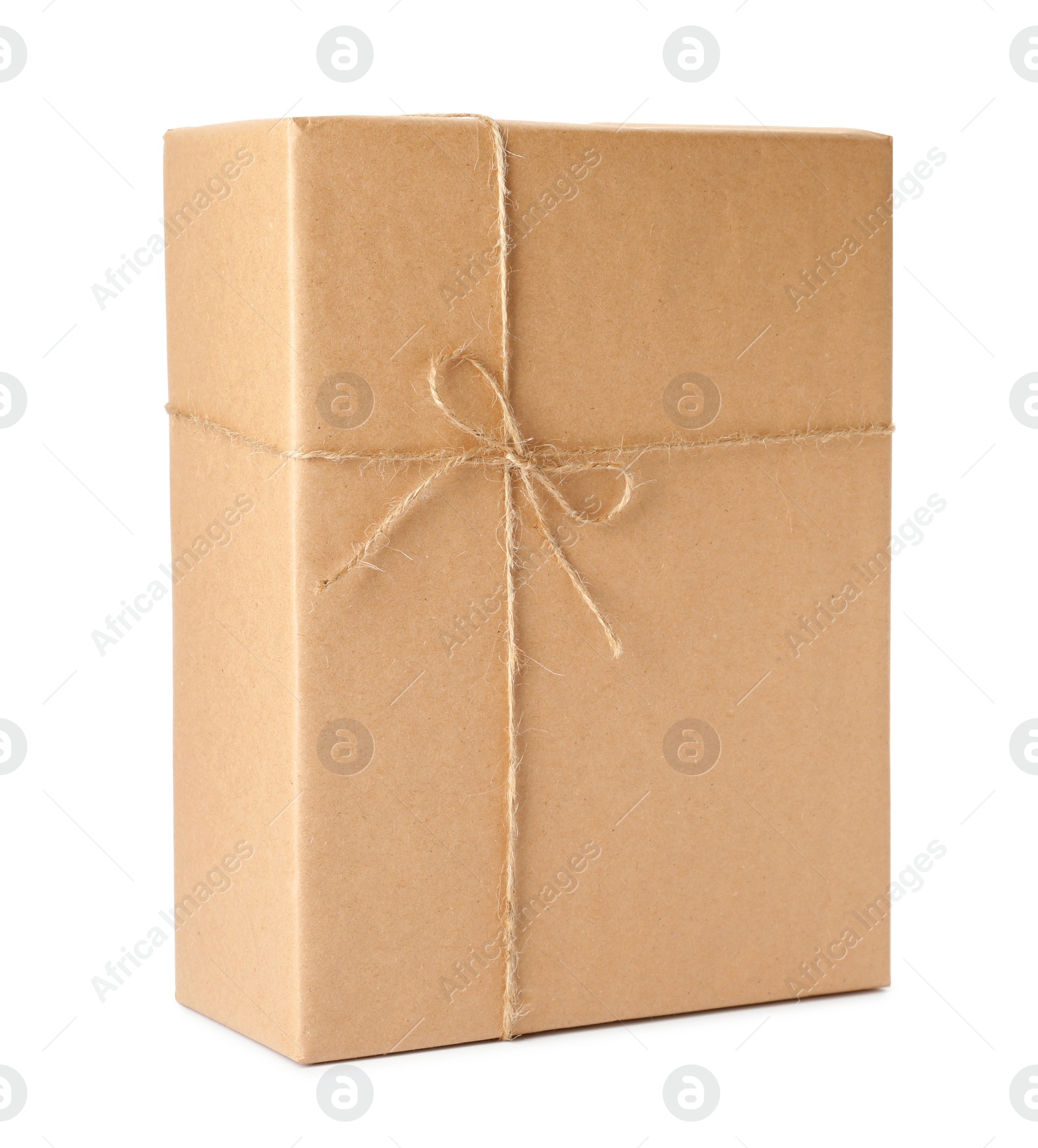 Photo of Parcel wrapped with kraft paper and twine isolated on white