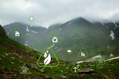 Image of Digital eco icons and beautiful mountains on cloudy day