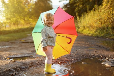 Photo of Little girl wearing rubber boots with colorful umbrella standing in puddle outdoors. Autumn walk