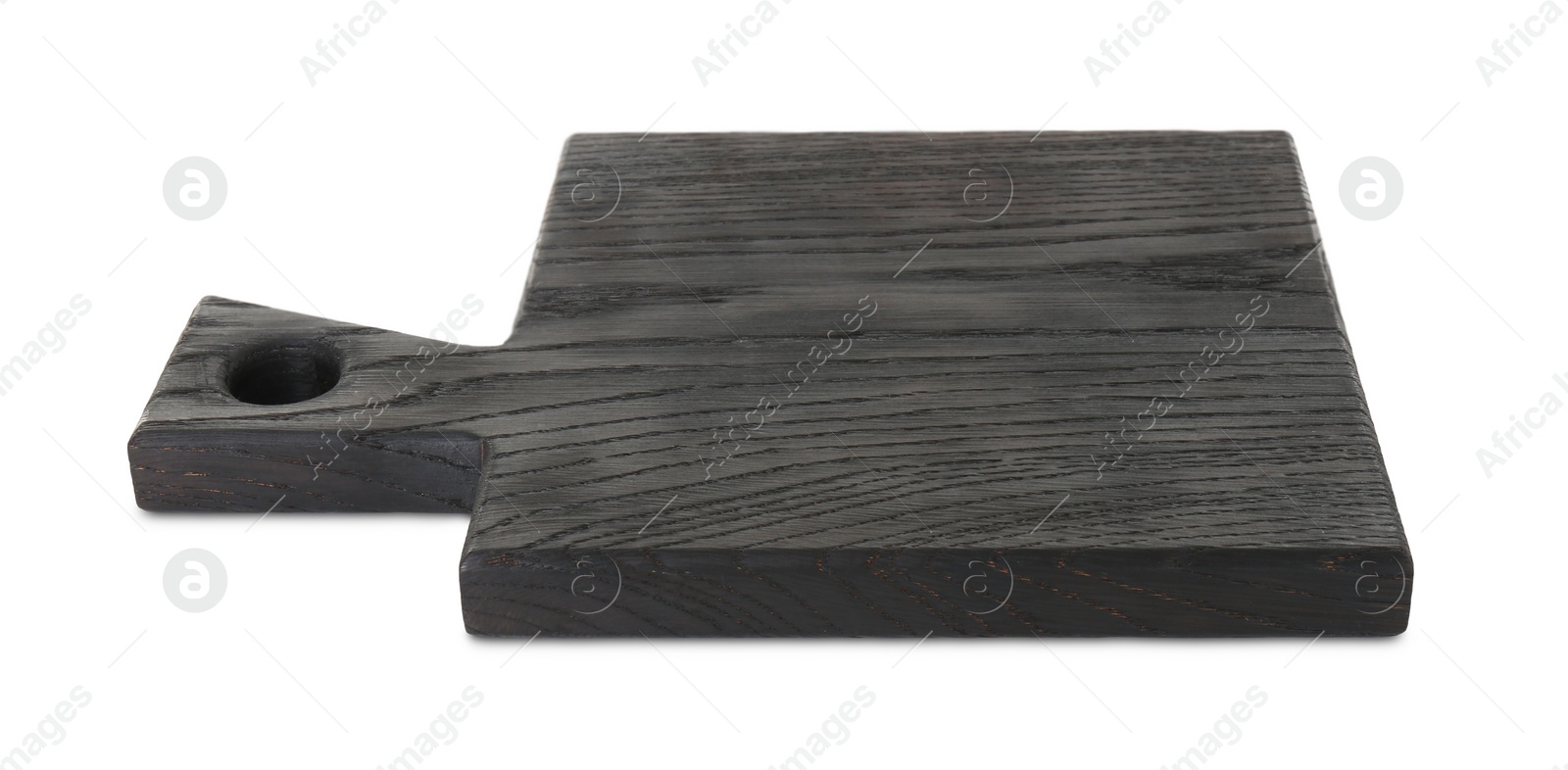 Photo of Black wooden cutting board isolated on white