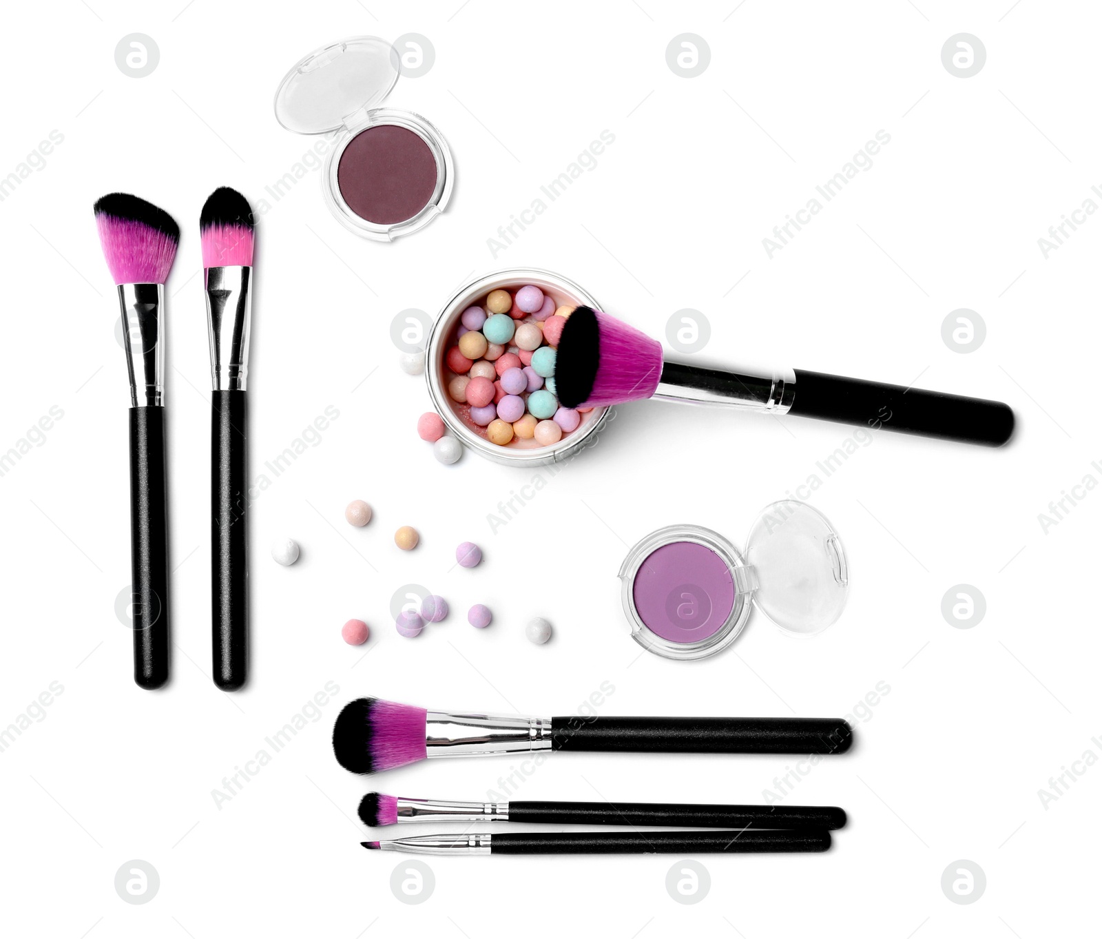 Photo of Decorative makeup products on white background