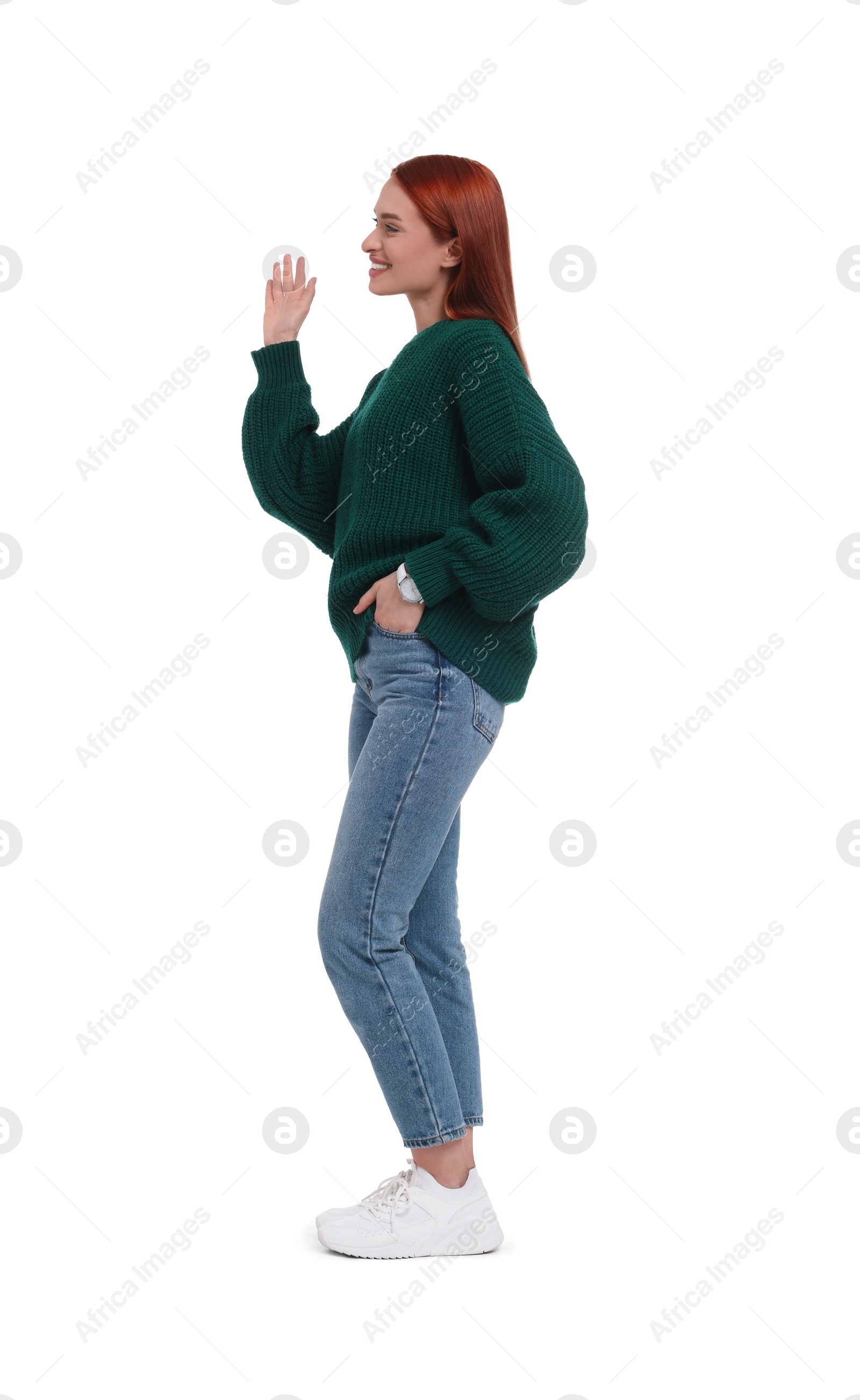 Photo of Portrait of happy woman on white background