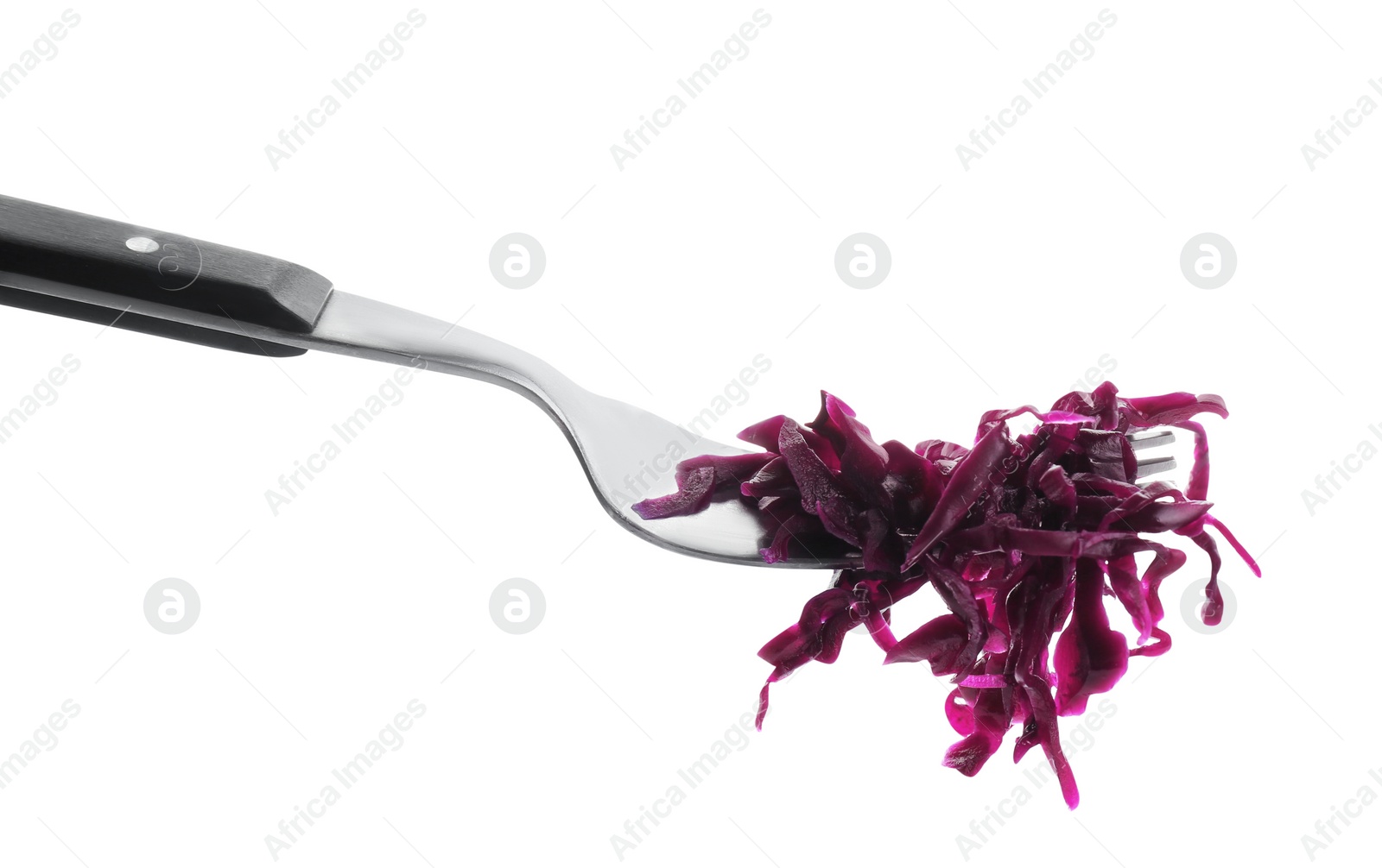 Photo of Fork with tasty red cabbage sauerkraut isolated on white