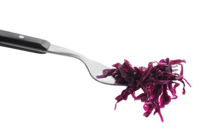 Fork with tasty red cabbage sauerkraut isolated on white