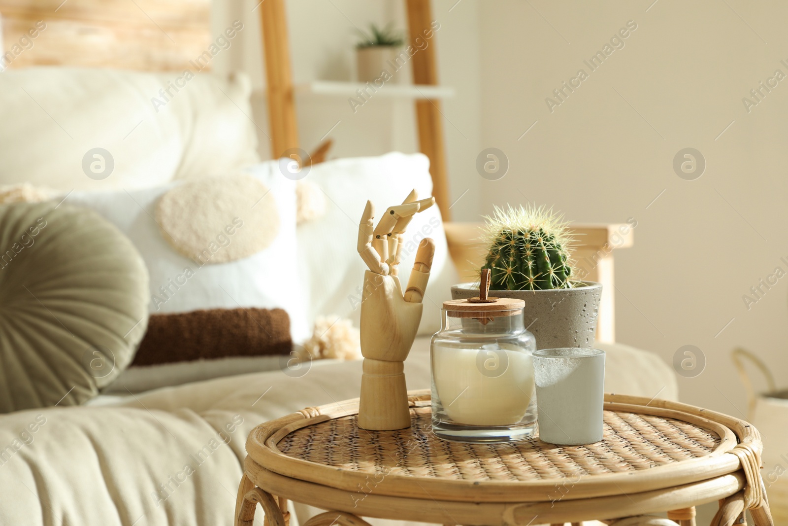 Photo of Stylish decor on table in living room. Interior design