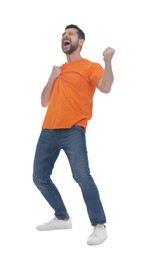 Photo of Emotional sports fan celebrating on white background