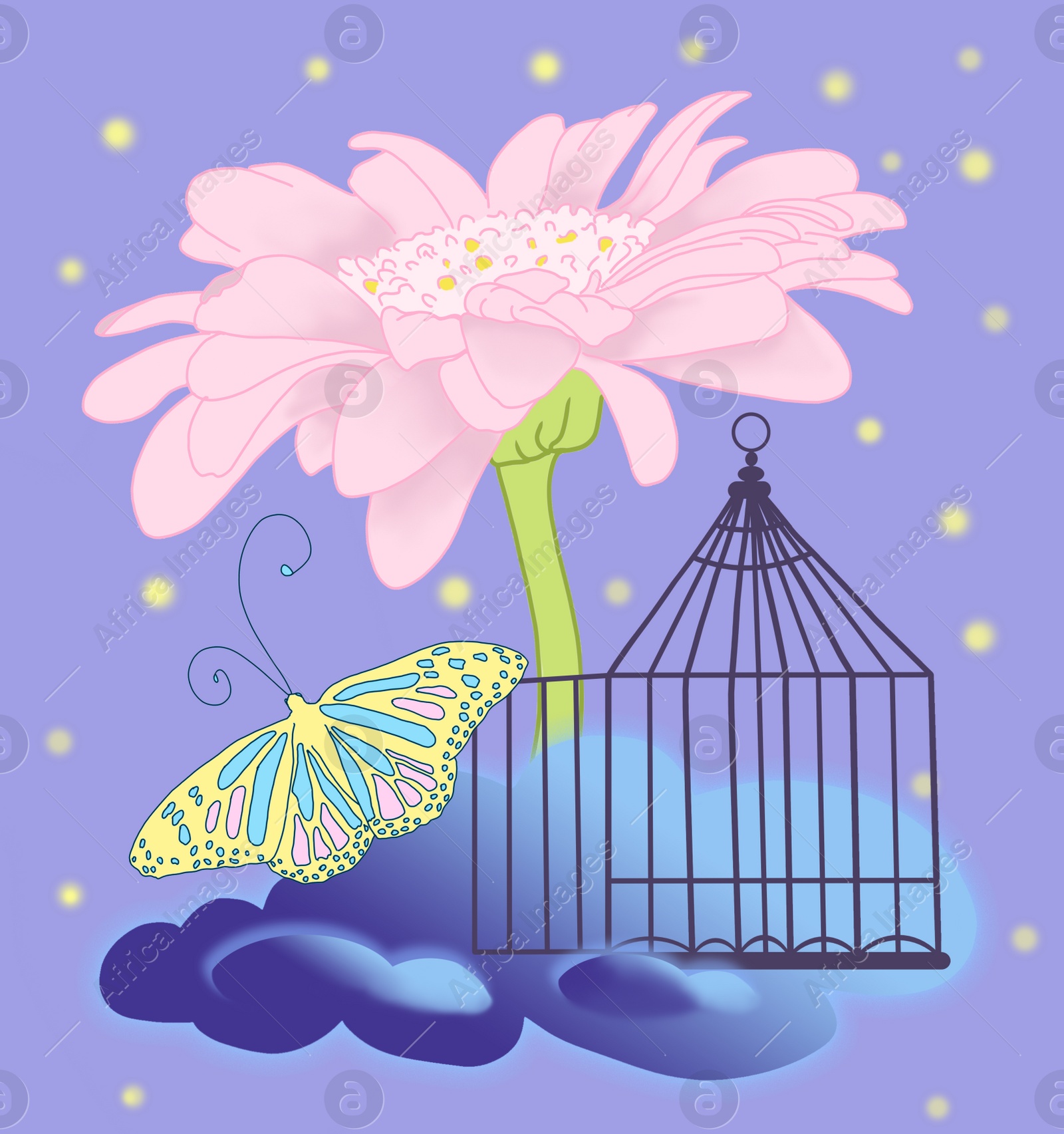 Illustration of Beautiful illustration demonstrating sense of freedom. Butterfly leaving cage