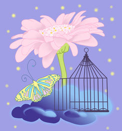 Beautiful illustration demonstrating sense of freedom. Butterfly leaving cage