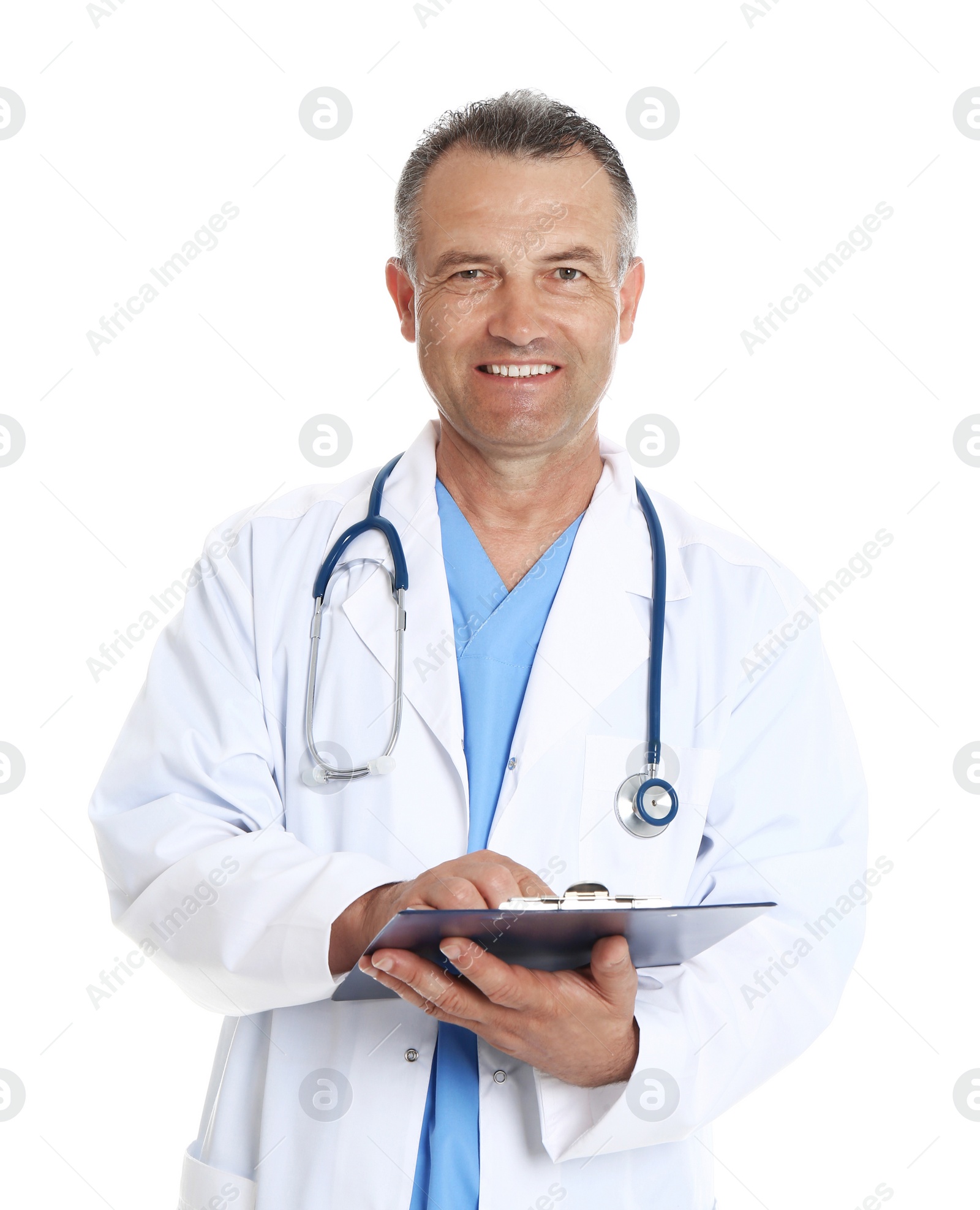 Photo of Portrait of experienced doctor in uniform on white background. Medical service