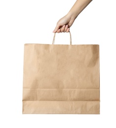 Photo of Woman holding paper shopping bag isolated on white, closeup