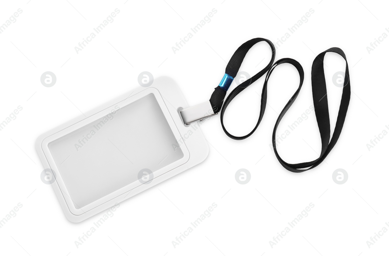 Photo of Blank badge with black string isolated on white, top view