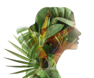 Image of Beautiful woman and tropical leaves on white background. Double exposure