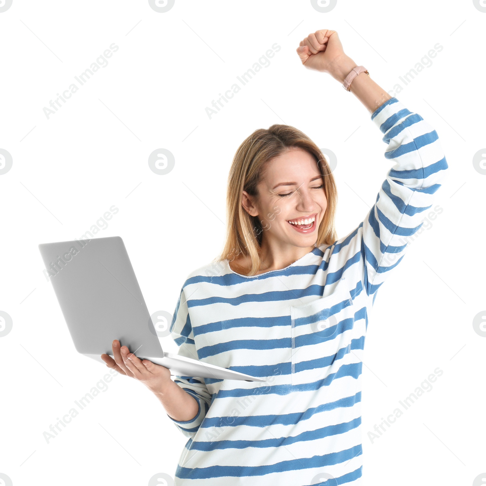 Photo of Portrait of happy young woman in casual outfit with laptop on white background