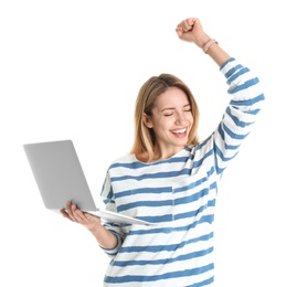 Photo of Portrait of happy young woman in casual outfit with laptop on white background