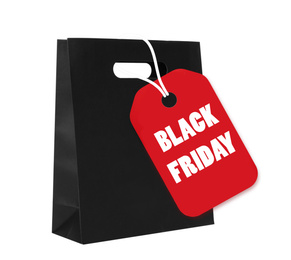 Image of Shopping bag and tag with text BLACK FRIDAY isolated on white