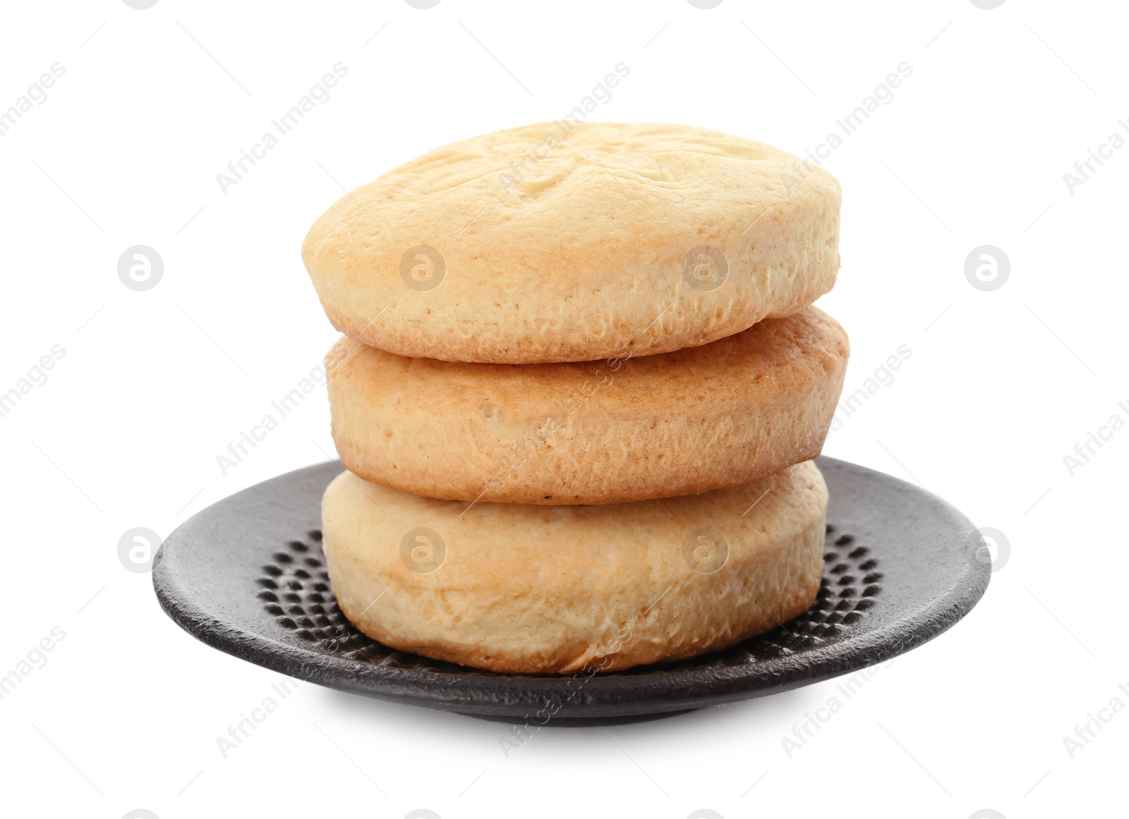 Photo of Plate with cookies for Islamic holidays isolated on white. Eid Mubarak