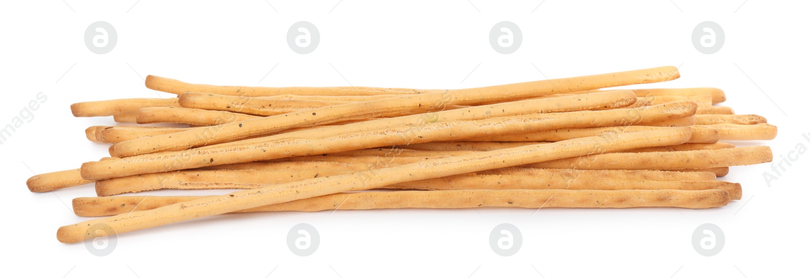 Photo of Fresh delicious grissini sticks on white background