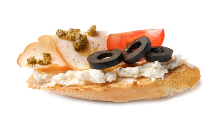 Photo of Delicious chicken bruschetta on white background. Traditional Italian antipasto