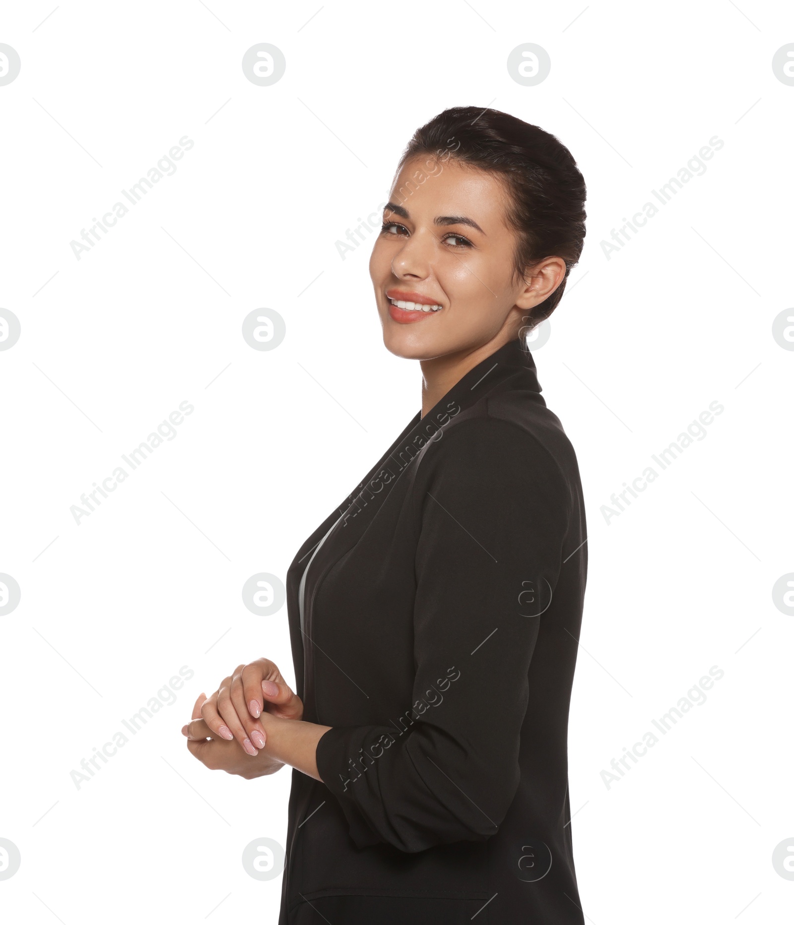 Photo of Portrait of hostess in uniform on white background