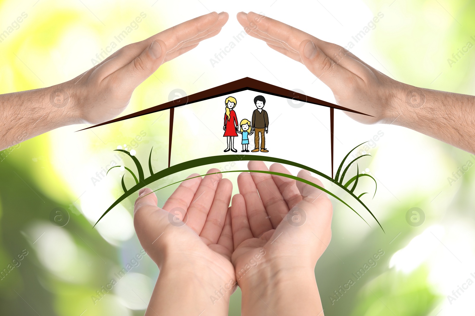 Image of People forming house with their hands and illustration of family on blurred green background, closeup