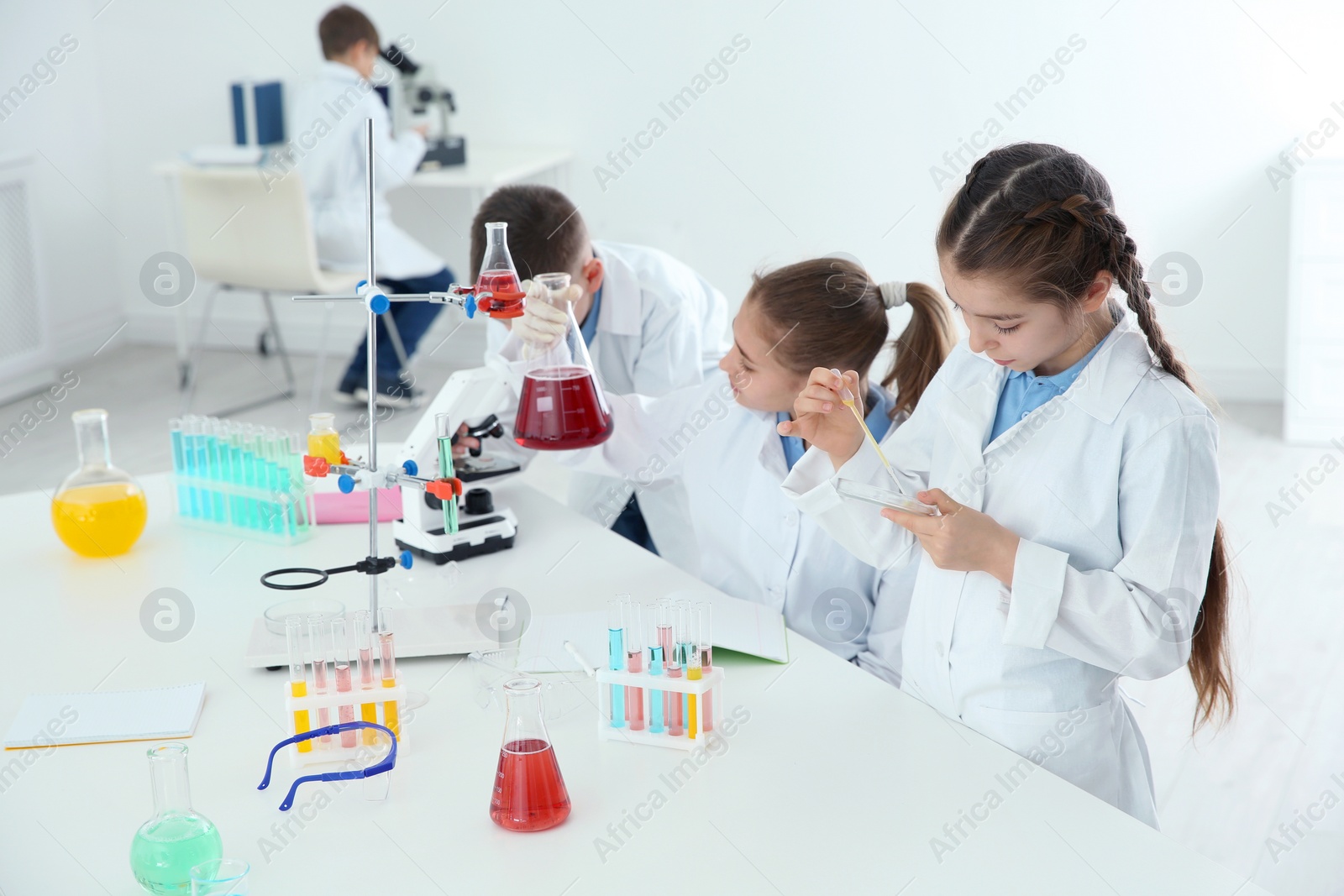 Photo of Smart pupils making experiment at table in chemistry class