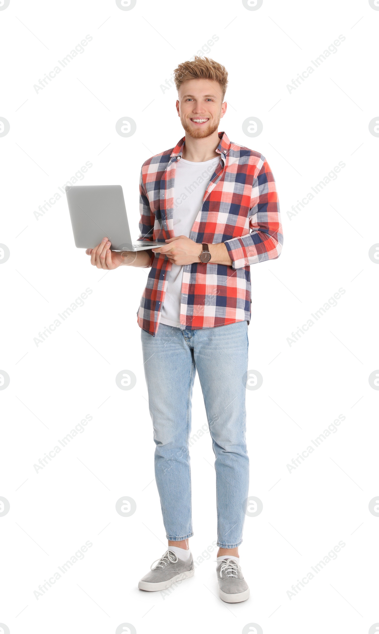 Photo of Happy man with laptop on white background