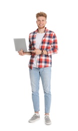 Happy man with laptop on white background