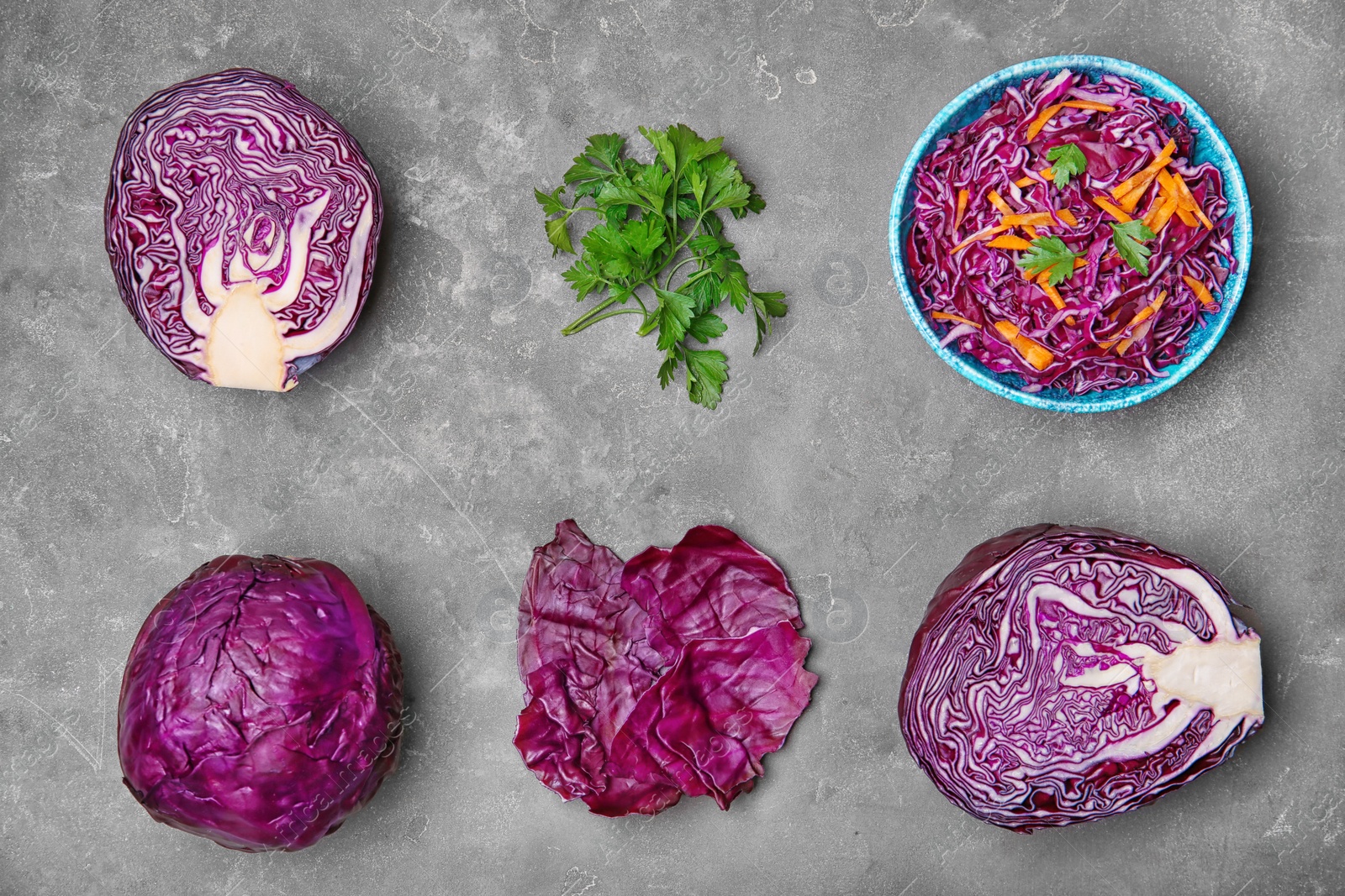 Photo of Flat lay composition with red cabbage on table