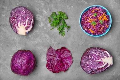 Photo of Flat lay composition with red cabbage on table