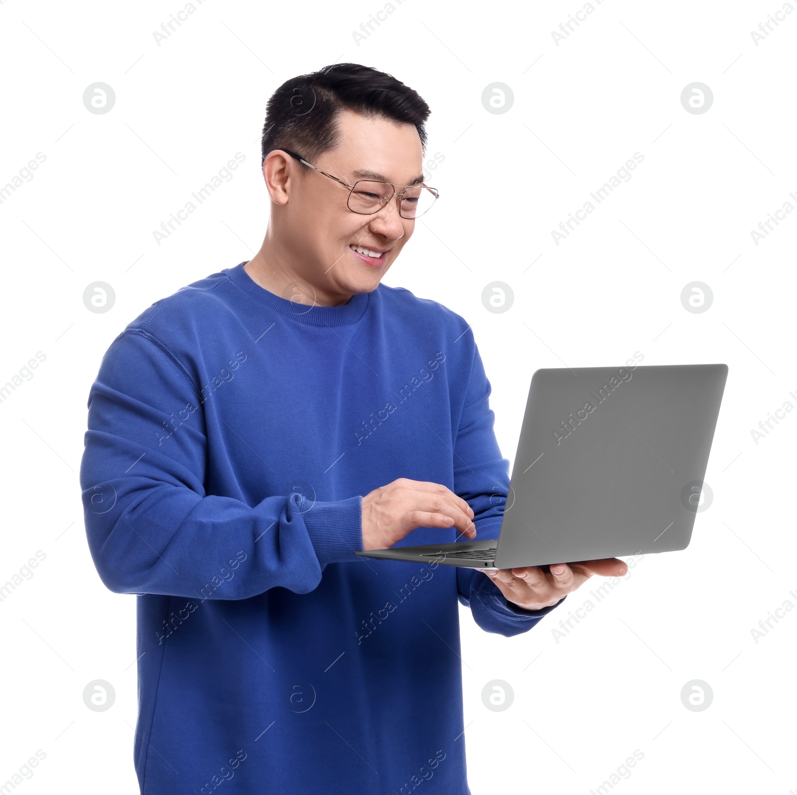 Photo of Happy man with laptop on white background