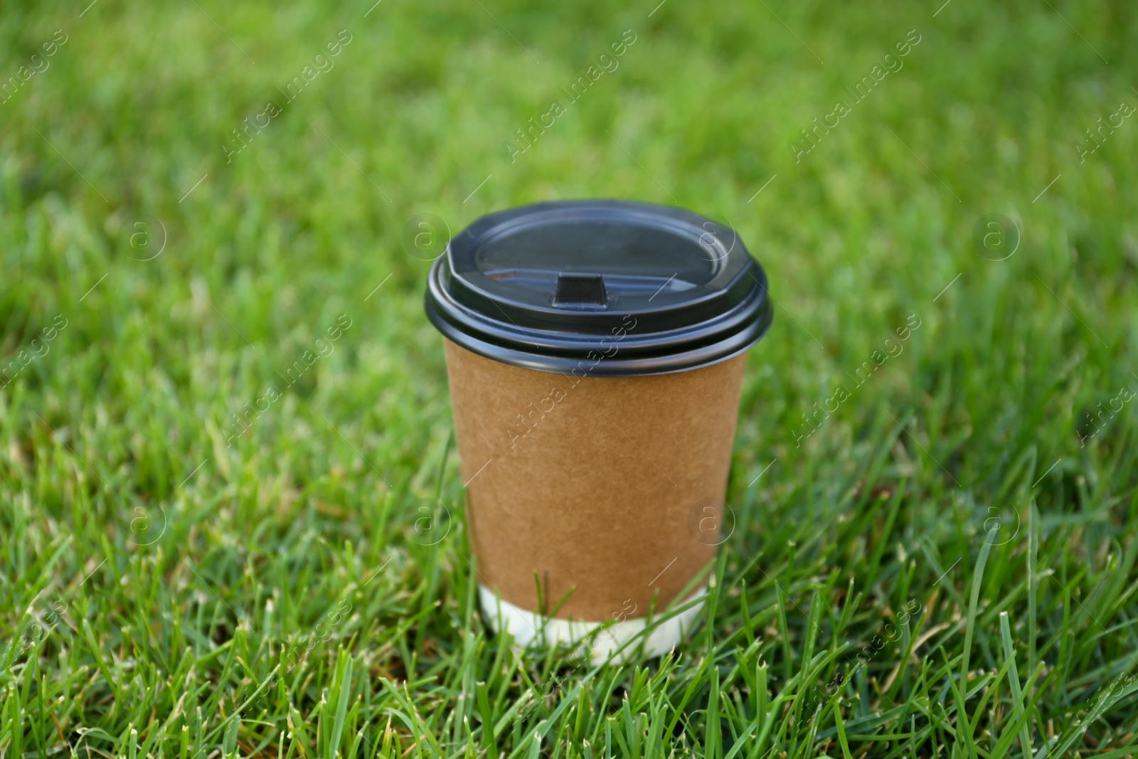 Photo of Paper cup with hot coffee on green grass outdoors, closeup. Takeaway drink