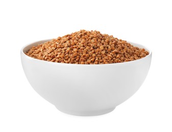 Photo of Uncooked buckwheat in bowl isolated on white