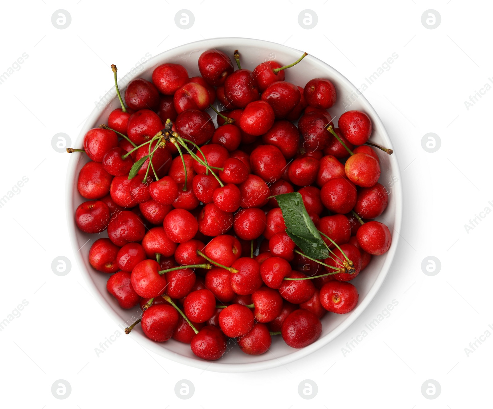 Photo of Plate with sweet red cherries on white background