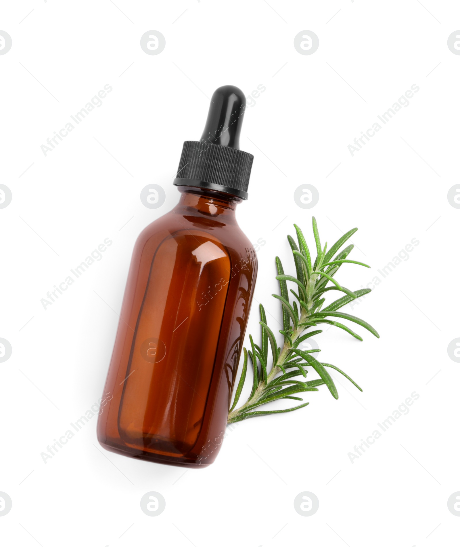 Photo of Sprig of fresh rosemary and essential oil on white background, top view