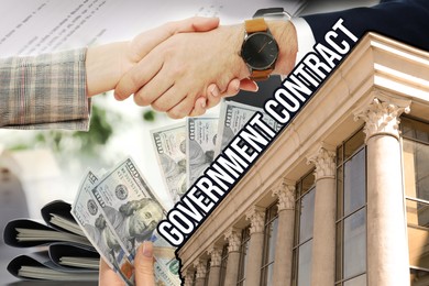 Image of Government contract. Collage with photos of woman counting dollars, businesspeople shaking hands and building