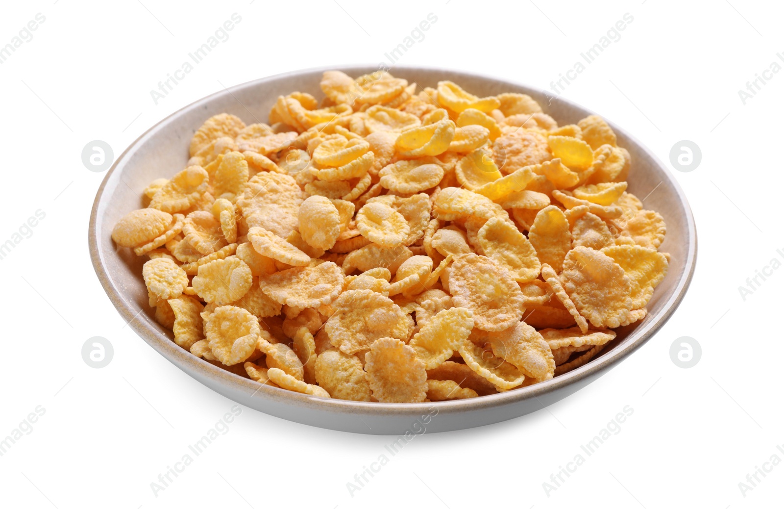 Photo of Bowl of tasty crispy corn flakes isolated on white