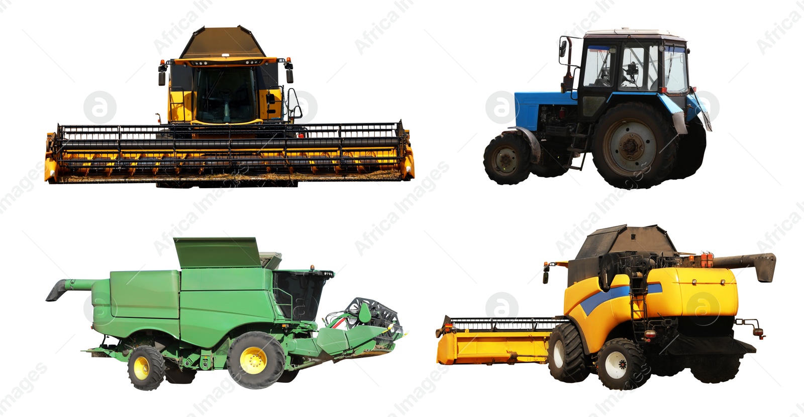 Image of Set of different agricultural machinery on white background. Banner design 