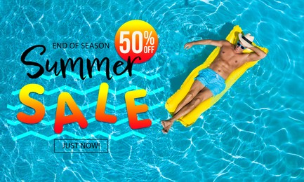 Hot summer sale flyer design. Man with inflatable mattress in swimming pool and text, top view