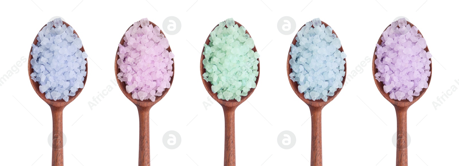 Image of Different sea salt in spoons isolated on white, top view