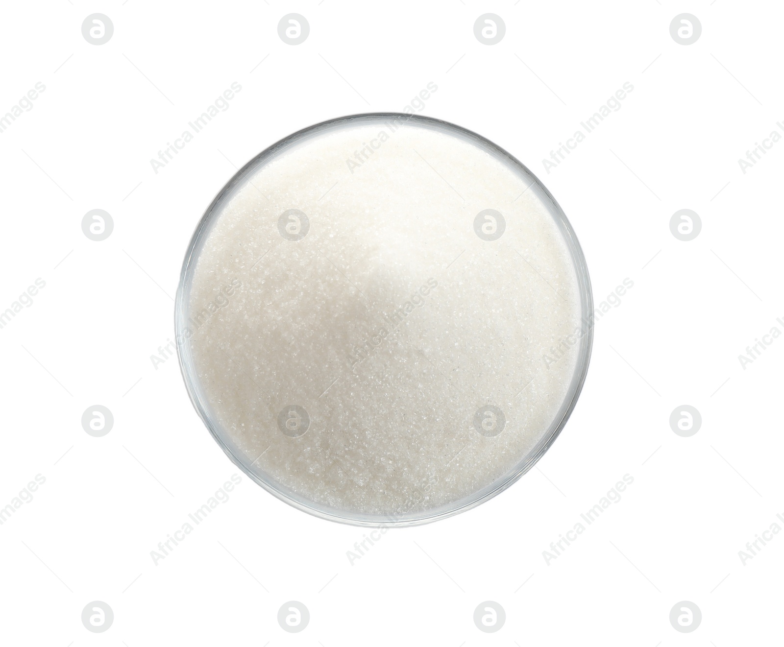 Photo of Granulated sugar in bowl isolated on white, top view