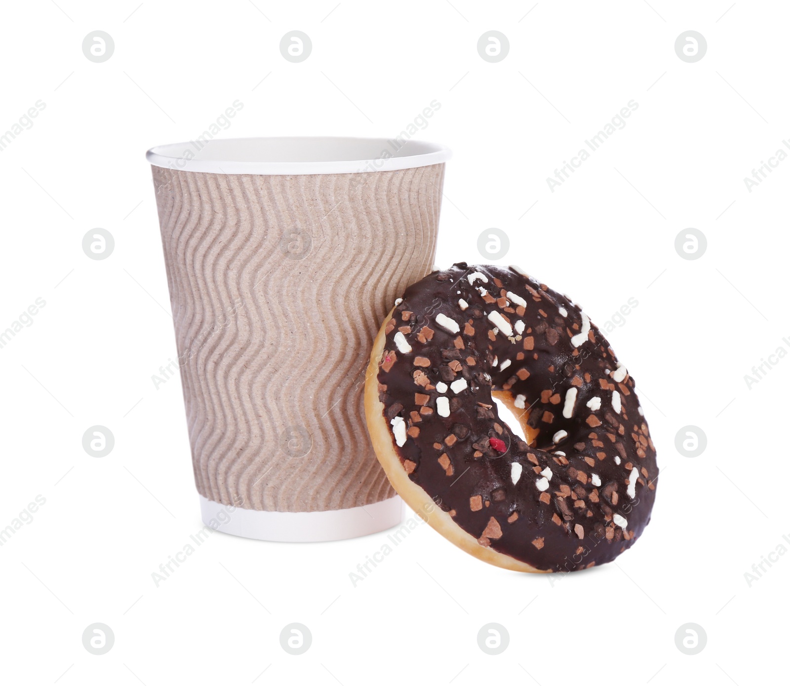 Photo of Tasty fresh donut with sprinkles and hot drink isolated on white