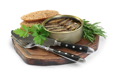 Photo of Board with canned sprats, herbs, bread and cutlery isolated on white