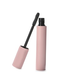 Photo of Mascara for eyelashes on white background. Makeup product