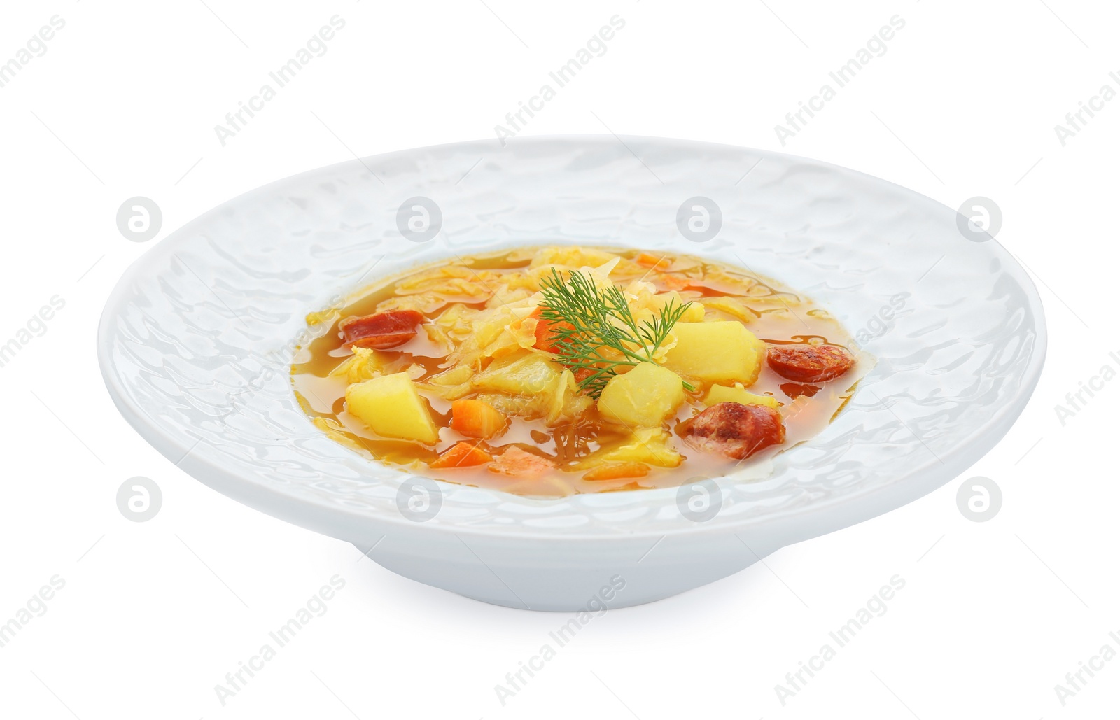 Photo of Delicious sauerkraut soup with smoked sausages and dill isolated on white