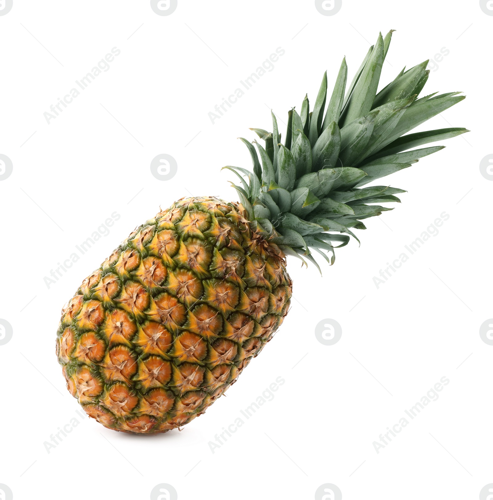 Photo of Tasty whole pineapple with leaves on white background